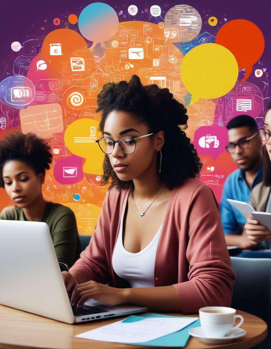 An imaginative digital collage depicting diverse individuals engaging with technology: a young woman writing on a laptop, a group discussing around a round table filled with coffee cups and notebooks, and colorful speech bubbles representing comments and ideas swirling around them. The background shows a cityscape with social media icons integrated into the skyline, symbolizing connectivity and community. vibrant colors. modern graphic design.