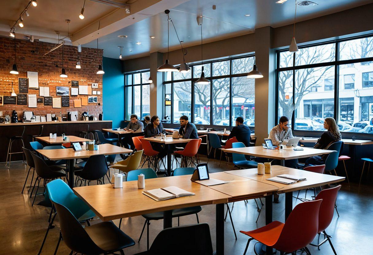 A visually stimulating scene of a diverse group of writers at a modern café, deeply engaged in brainstorming sessions with laptops and notepads. The background features digital screens displaying dynamic headlines and articles. Use a vibrant color palette to highlight the creativity and energy in the atmosphere. Emphasize the blend of traditional and digital elements in journalism. super-realistic. vibrant colors. modern setting.