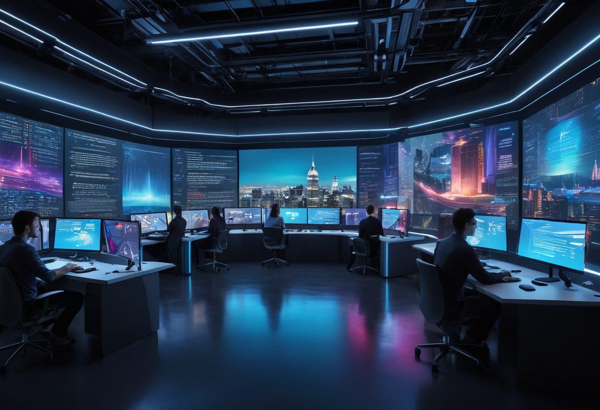 A futuristic workspace showcasing a diverse group of writers collaborating, surrounded by digital screens displaying tech trends and creative writing ideas. Incorporate elements of virtual reality and AI, with glowing interfaces and holographic displays, to represent innovation in digital journalism. The background should feature a dynamic city skyline illuminated at night, signifying the vibrant future of blogging. super-realistic. vibrant colors. 3D.